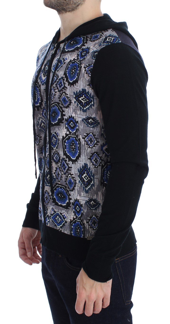 Black Blue Print Wool Zipper Hooded Sweater