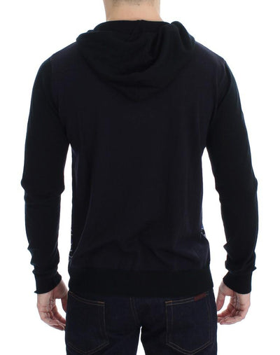Black Blue Print Wool Zipper Hooded Sweater