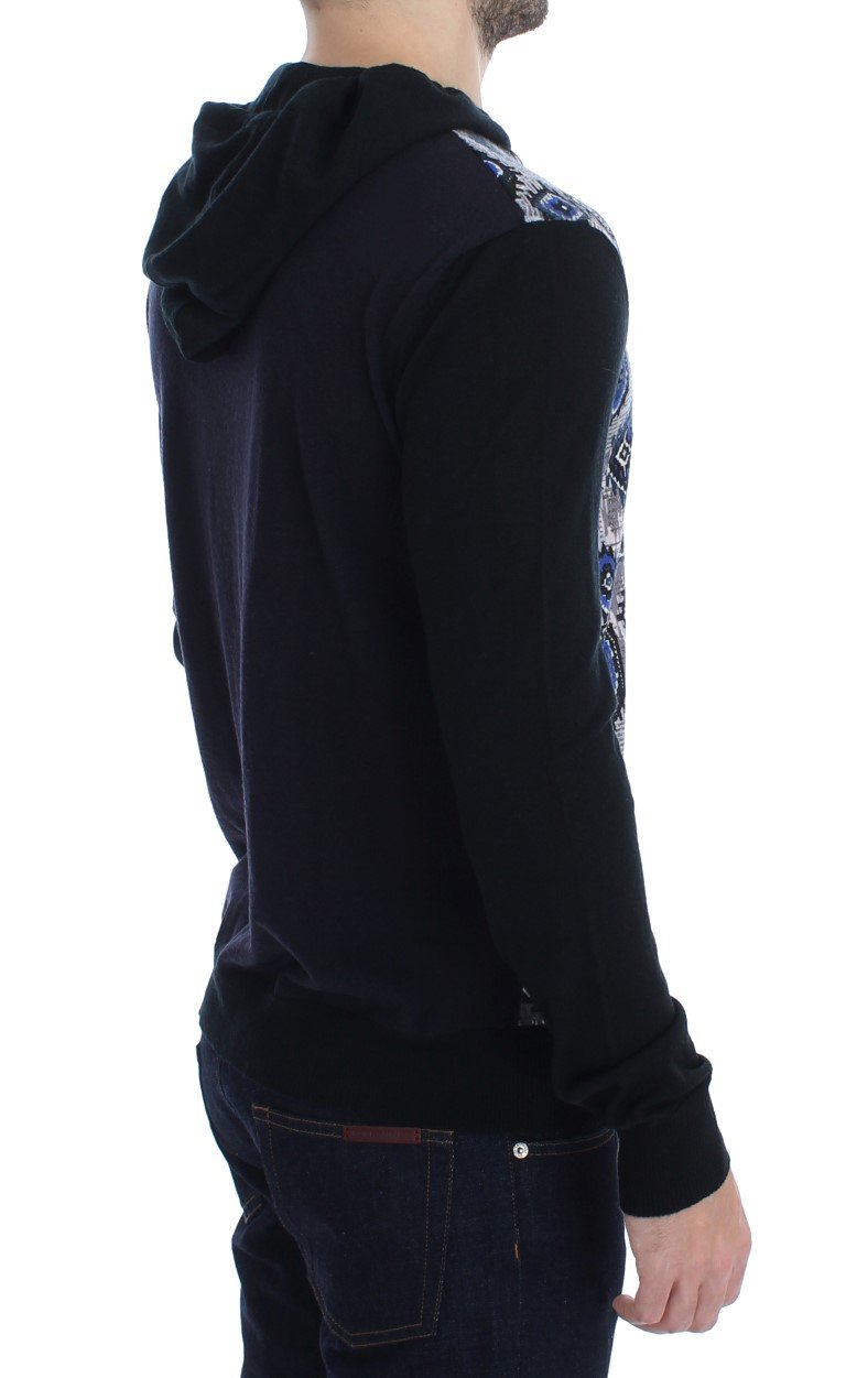 Black Blue Print Wool Zipper Hooded Sweater