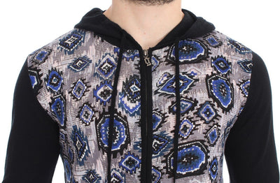 Black Blue Print Wool Zipper Hooded Sweater