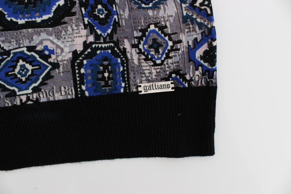 Black Blue Print Wool Zipper Hooded Sweater