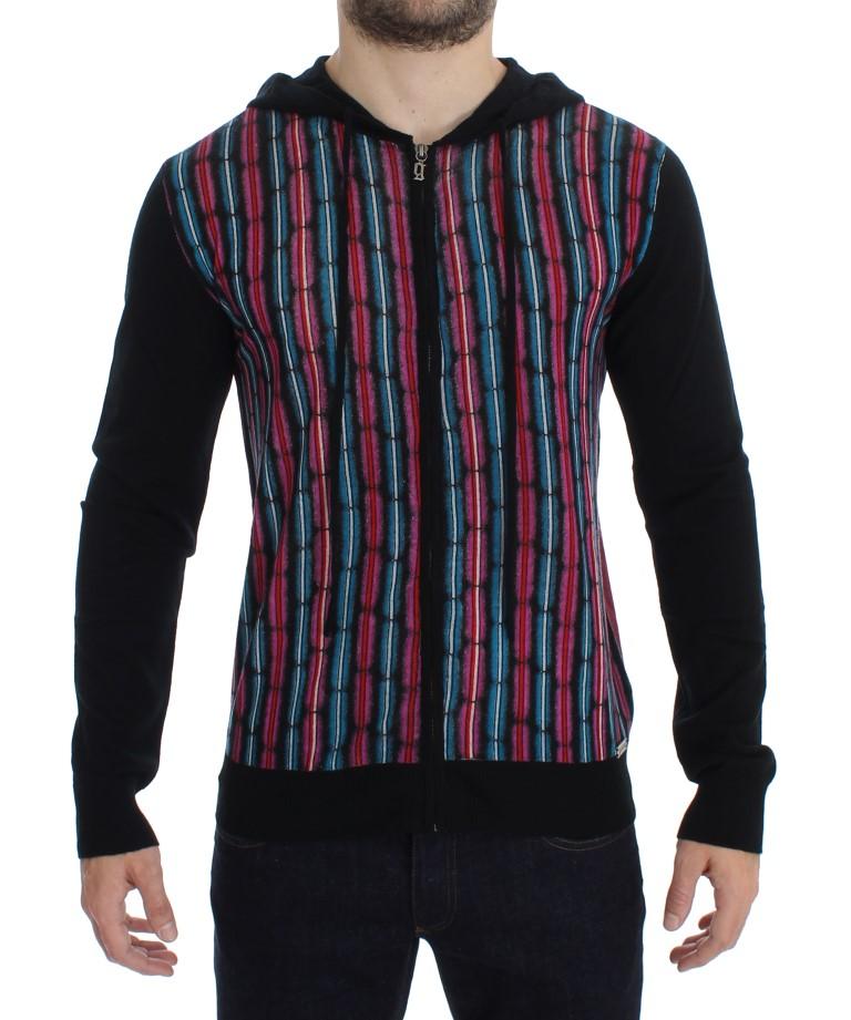 Black Multicolor Wool Zipper Hooded Sweater