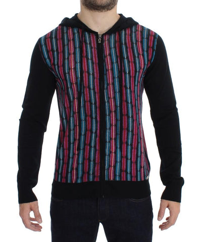 Black Multicolor Wool Zipper Hooded Sweater