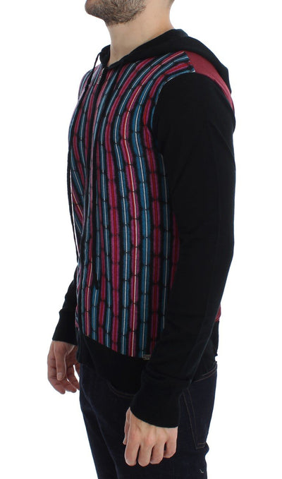 Black Multicolor Wool Zipper Hooded Sweater