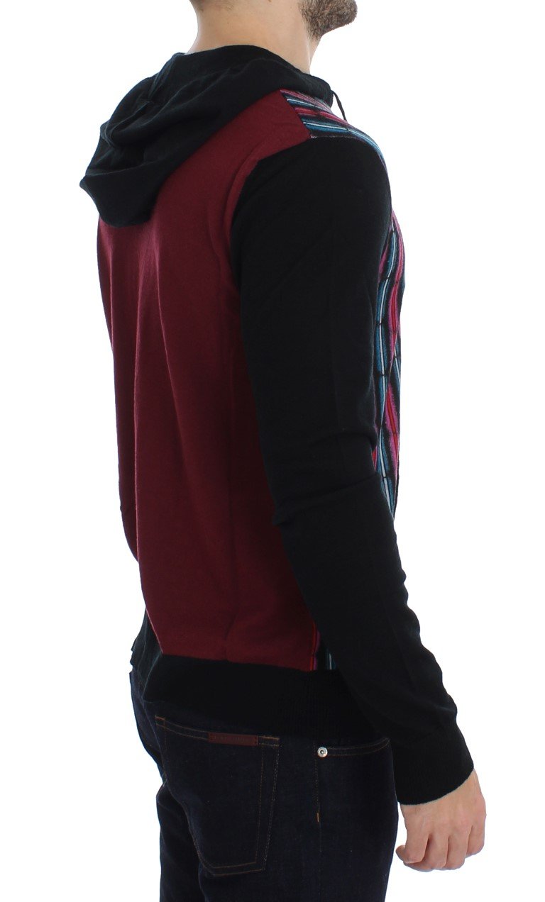 Black Multicolor Wool Zipper Hooded Sweater