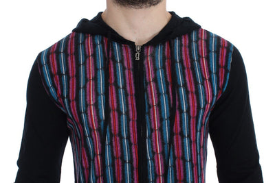 Black Multicolor Wool Zipper Hooded Sweater