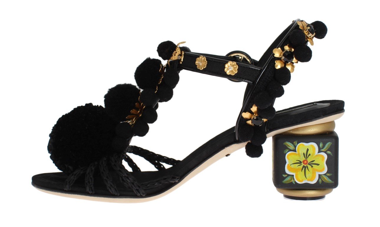 Black Handpainted Pom Pom Crystal Shoes