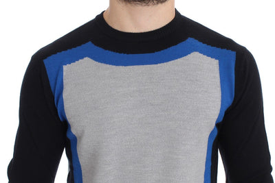 Gray Black Blue Wool Blend Crewneck Sweater