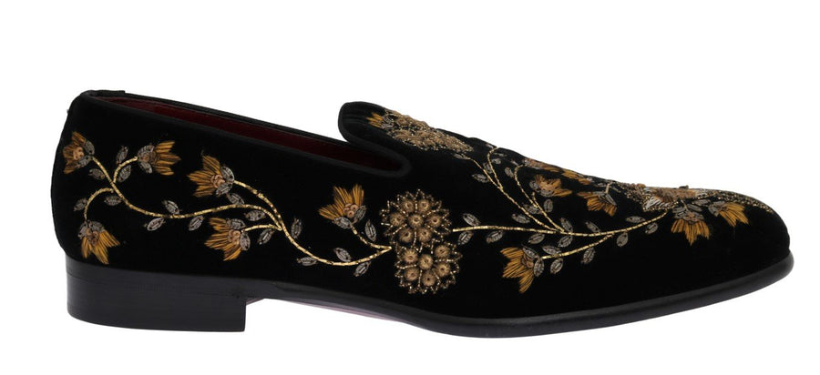 Black Velvet Gold Floral Loafers