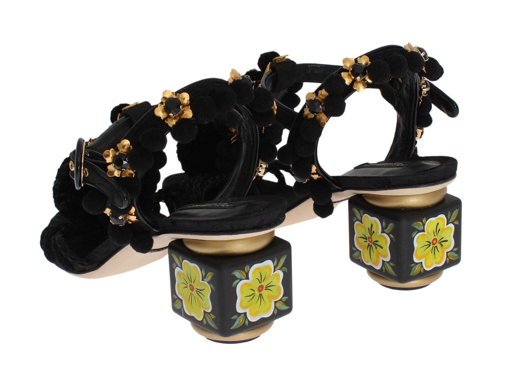 Black Handpainted Pom Pom Crystal Shoes