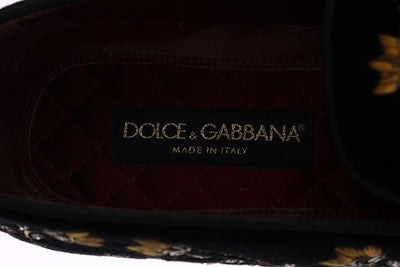 Black Velvet Gold Floral Loafers