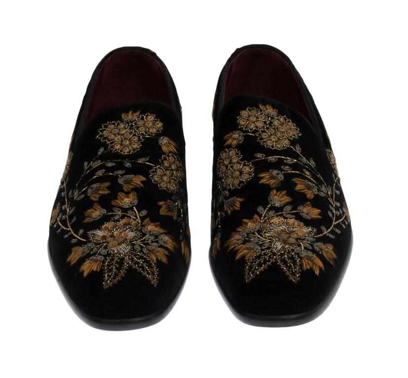 Black Velvet Gold Floral Loafers