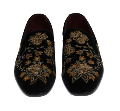 Black Velvet Gold Floral Loafers