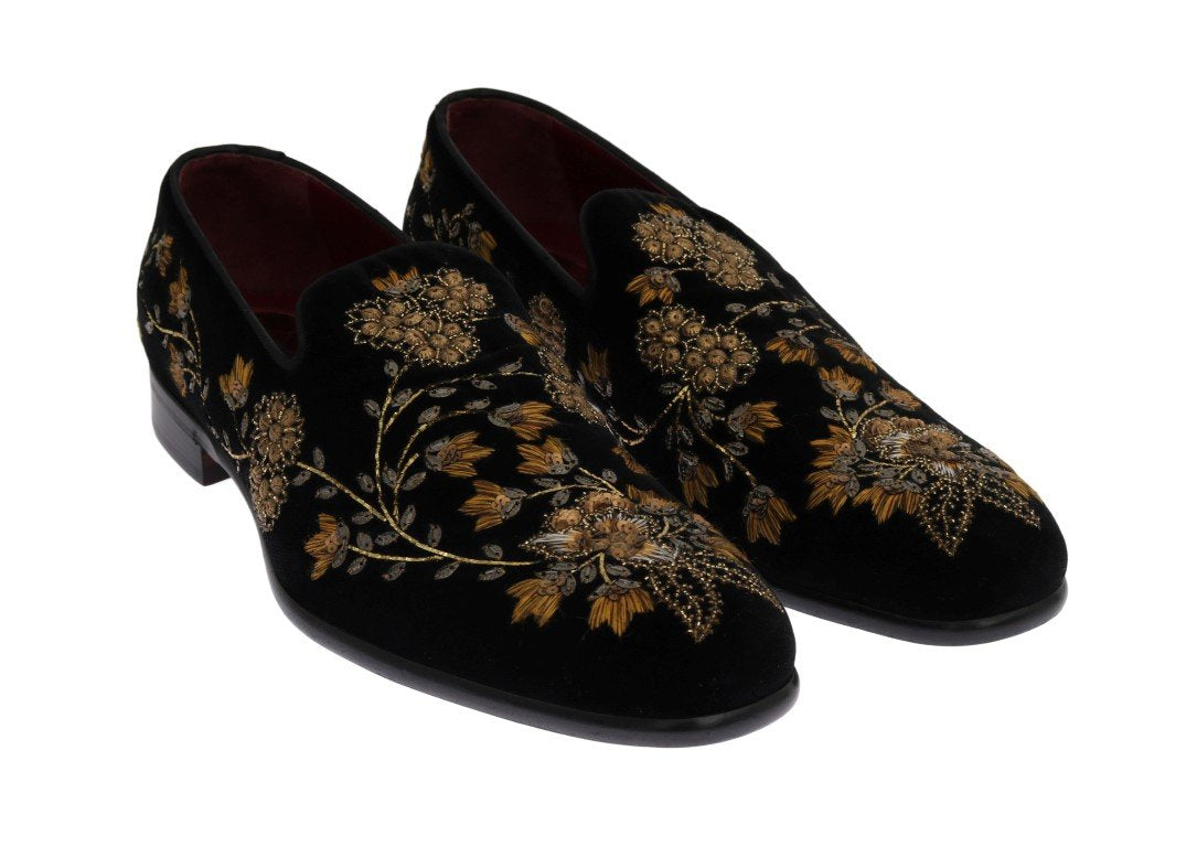 Black Velvet Gold Floral Loafers