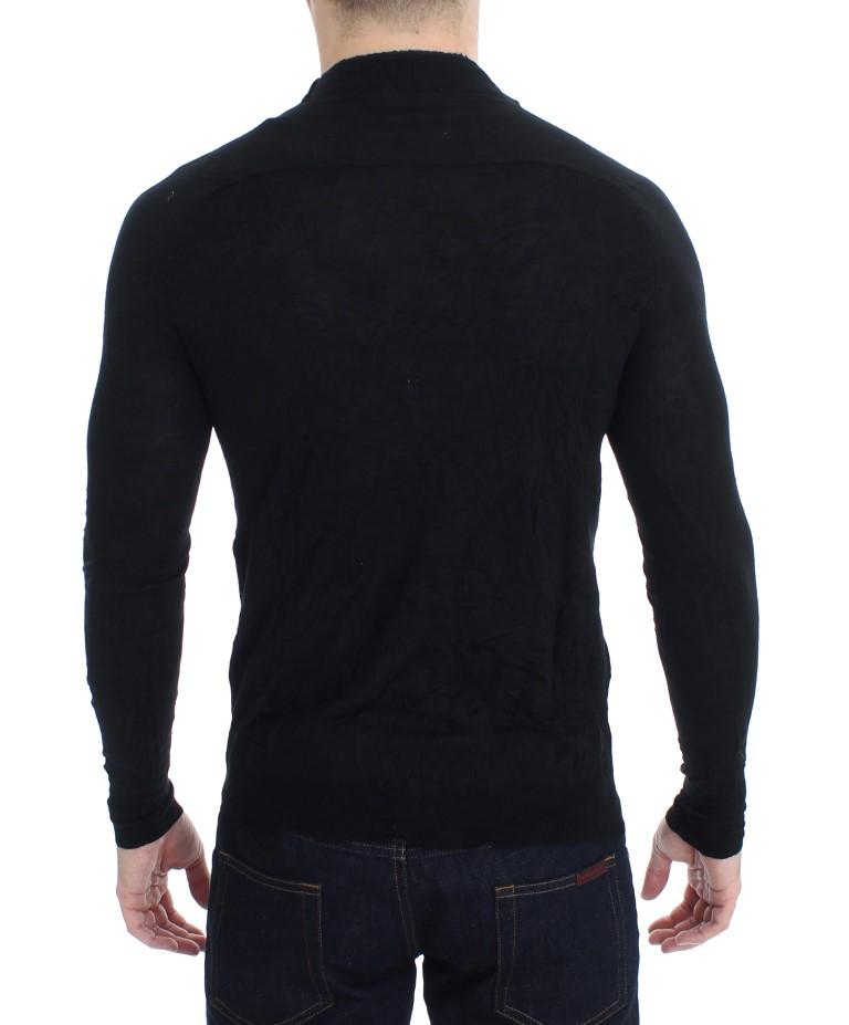 Black Fine Wool V-neck Sweater