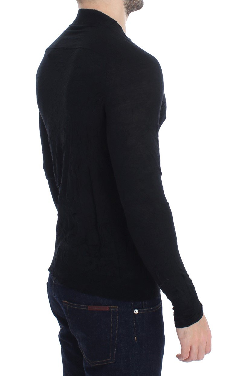 Black Fine Wool V-neck Sweater
