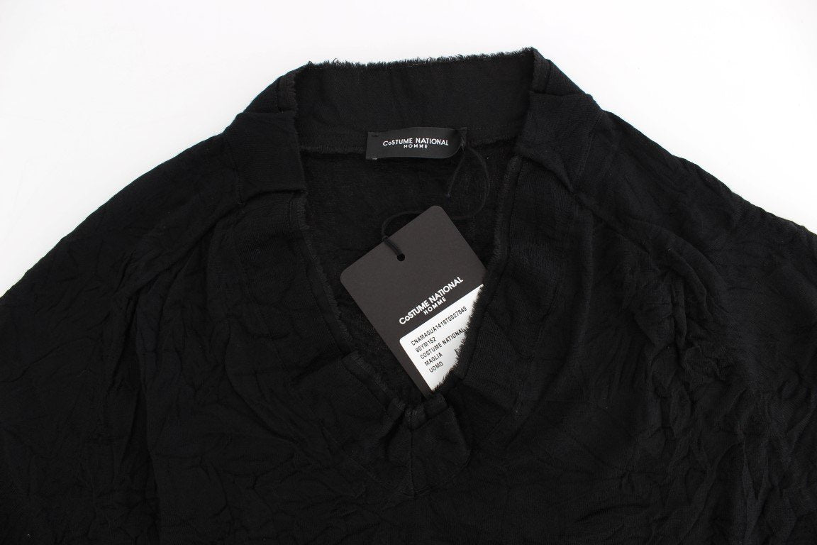 Black Fine Wool V-neck Sweater