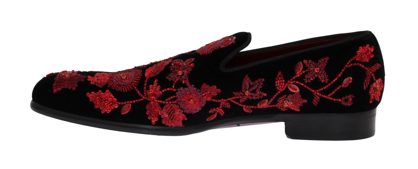 Black Velvet Red Rose Crystal Loafers
