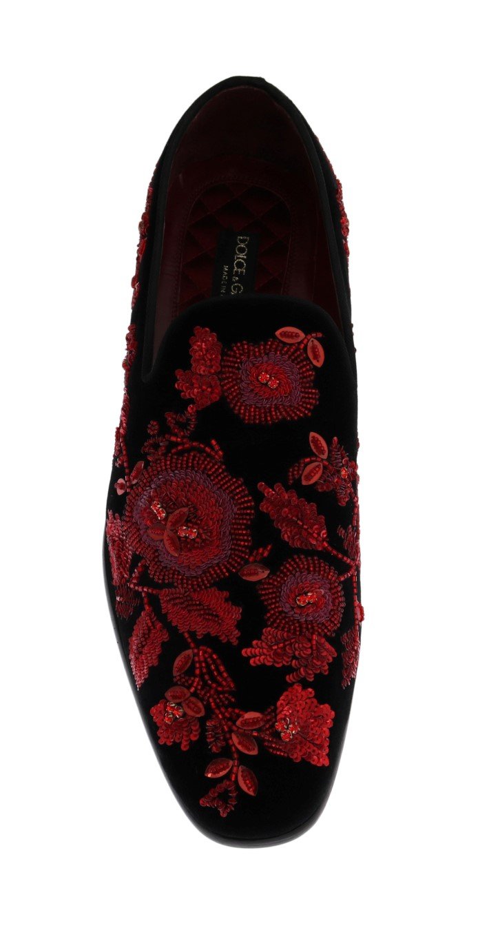 Black Velvet Red Rose Crystal Loafers