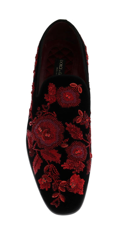 Black Velvet Red Rose Crystal Loafers