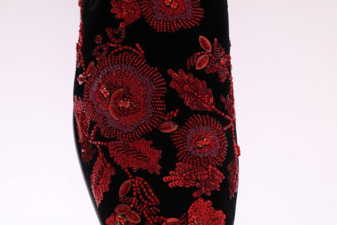 Black Velvet Red Rose Crystal Loafers