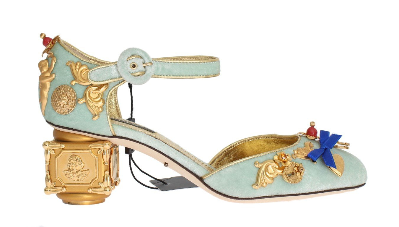 Blue Velvet Gold Leather Sicily Shoes