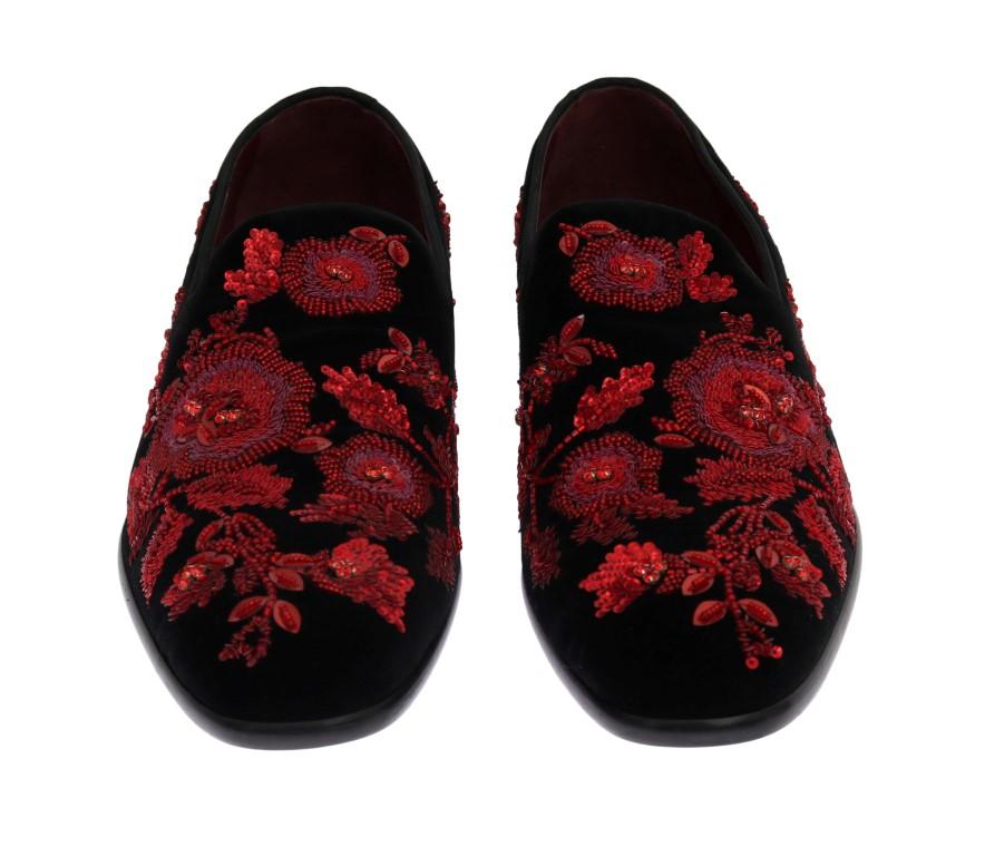 Black Velvet Red Rose Crystal Loafers