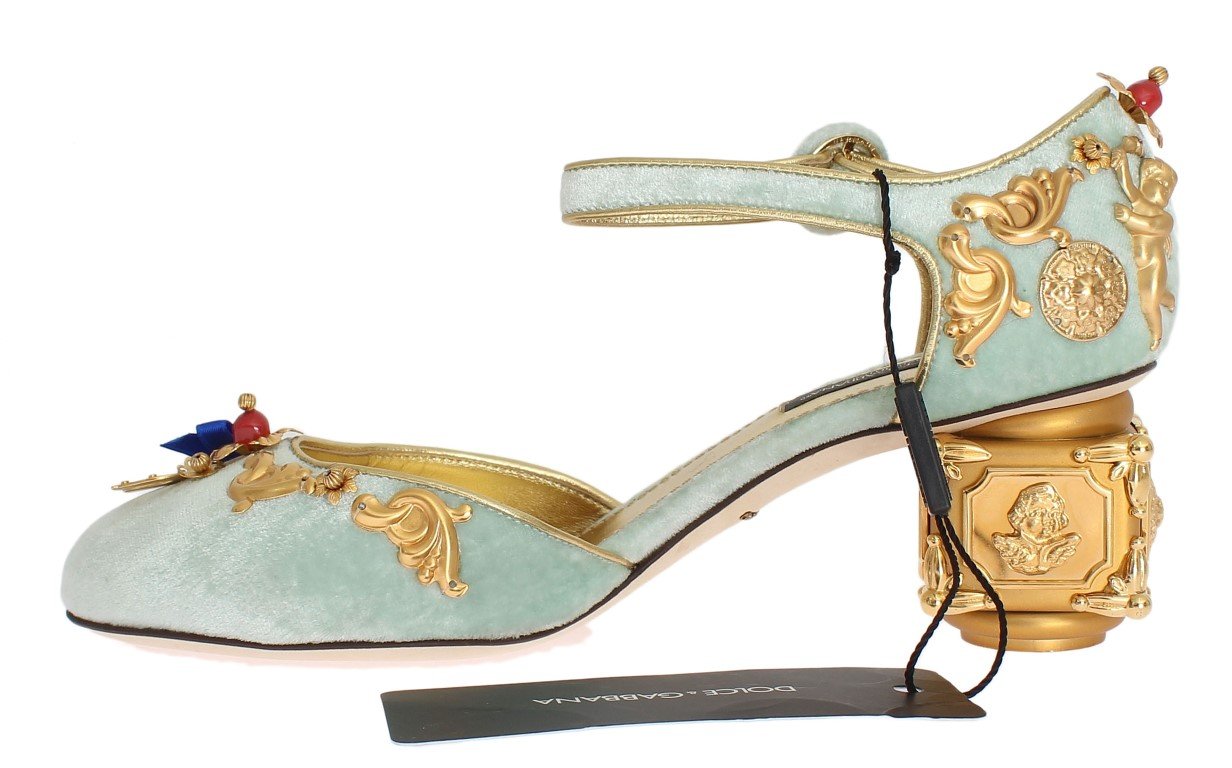 Blue Velvet Gold Leather Sicily Shoes