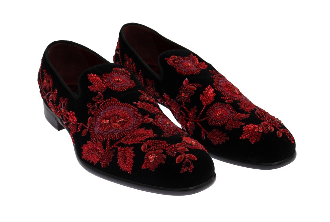 Black Velvet Red Rose Crystal Loafers