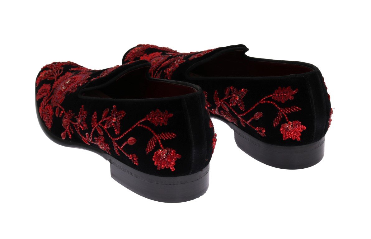 Black Velvet Red Rose Crystal Loafers