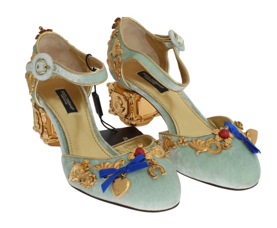 Blue Velvet Gold Leather Sicily Shoes