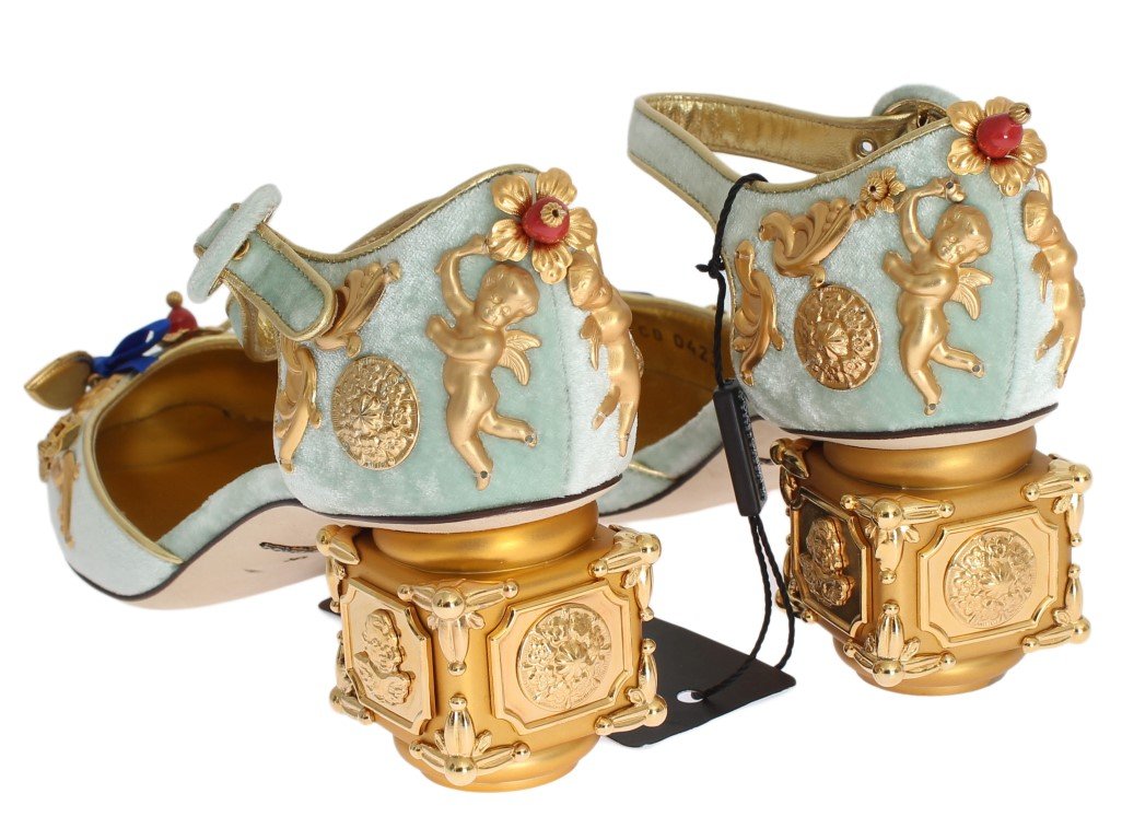 Blue Velvet Gold Leather Sicily Shoes