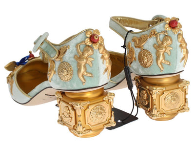 Blue Velvet Gold Leather Sicily Shoes