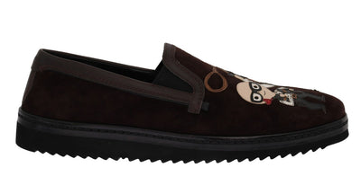 Brown Suede Embroidered Loafers