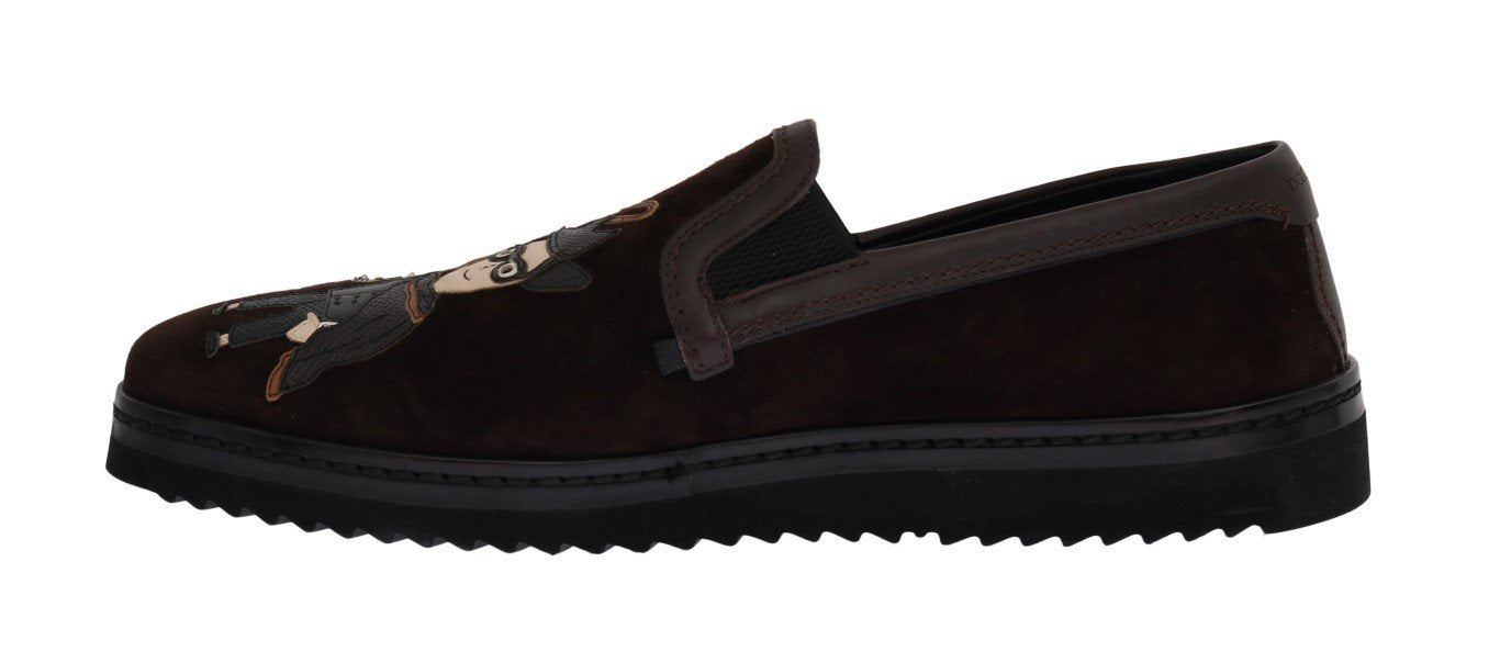 Brown Suede Embroidered Loafers