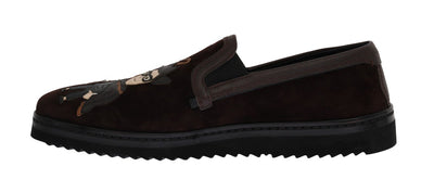 Brown Suede Embroidered Loafers