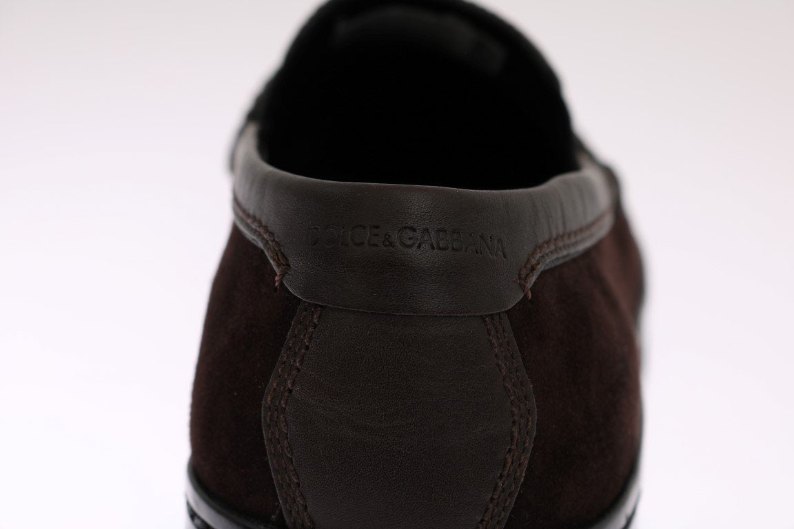 Brown Suede Embroidered Loafers