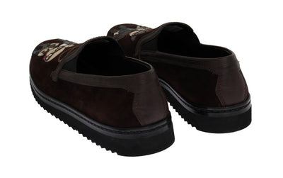 Brown Suede Embroidered Loafers