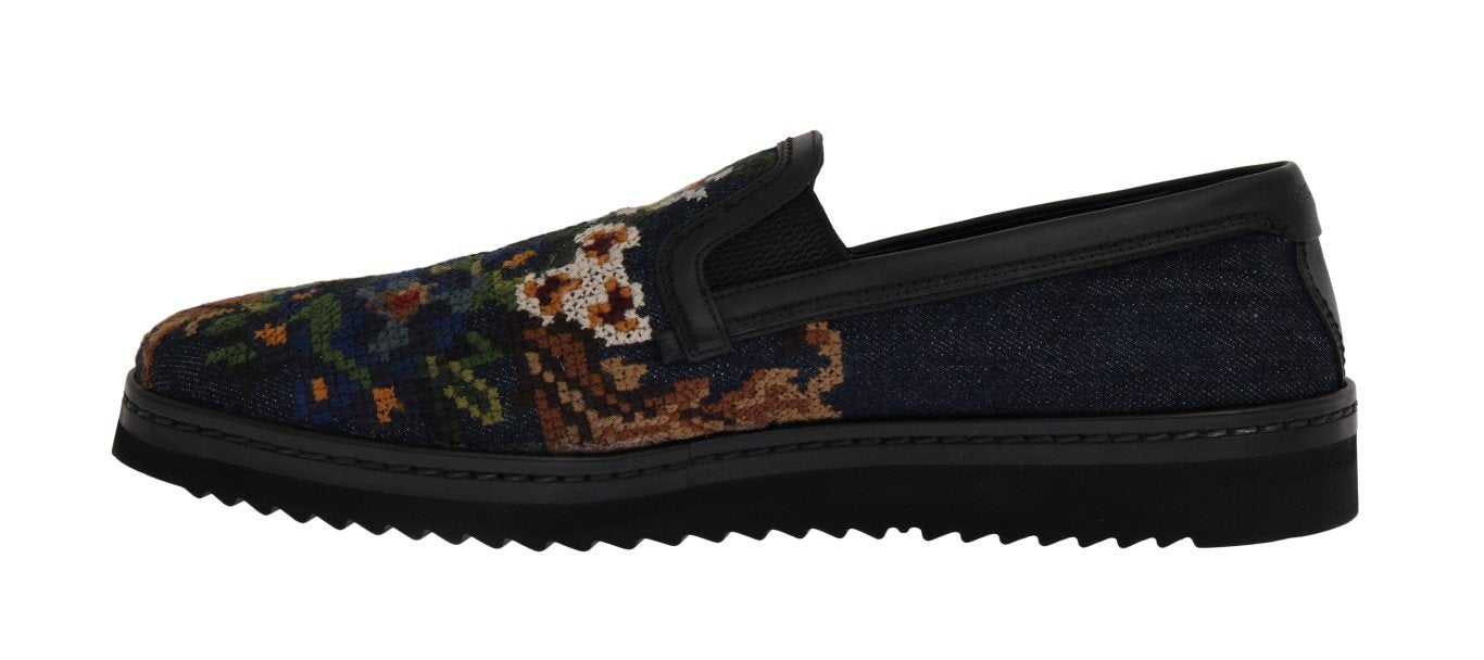Blue Denim Cotton Embroidered Loafers