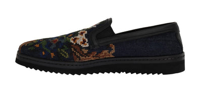 Blue Denim Cotton Embroidered Loafers