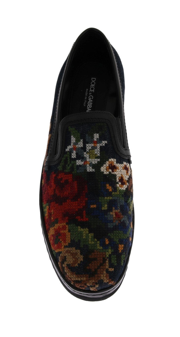 Blue Denim Cotton Embroidered Loafers