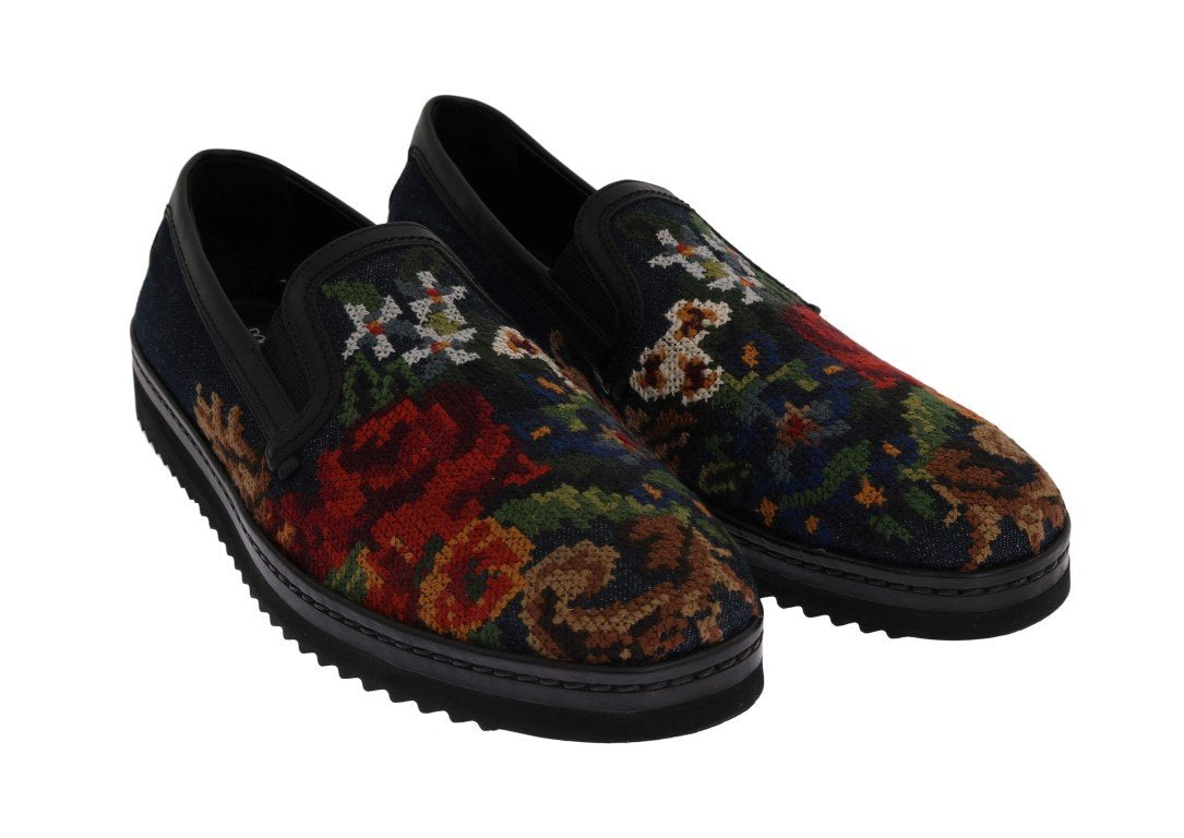 Blue Denim Cotton Embroidered Loafers