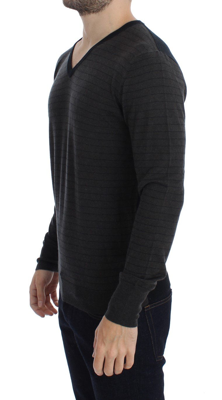 Gray Black Striped V-neck Sweater