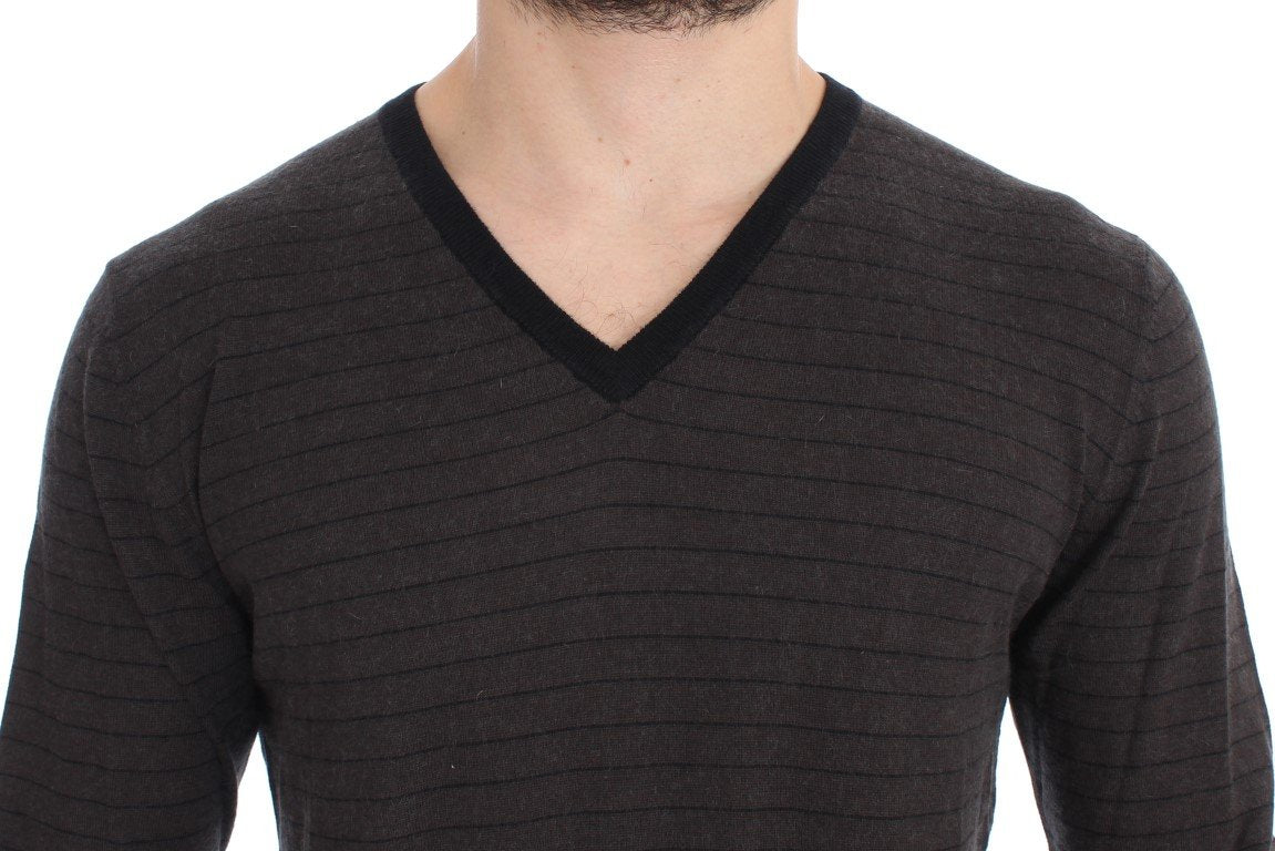 Gray Black Striped V-neck Sweater