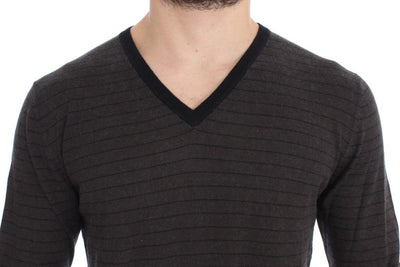 Gray Black Striped V-neck Sweater