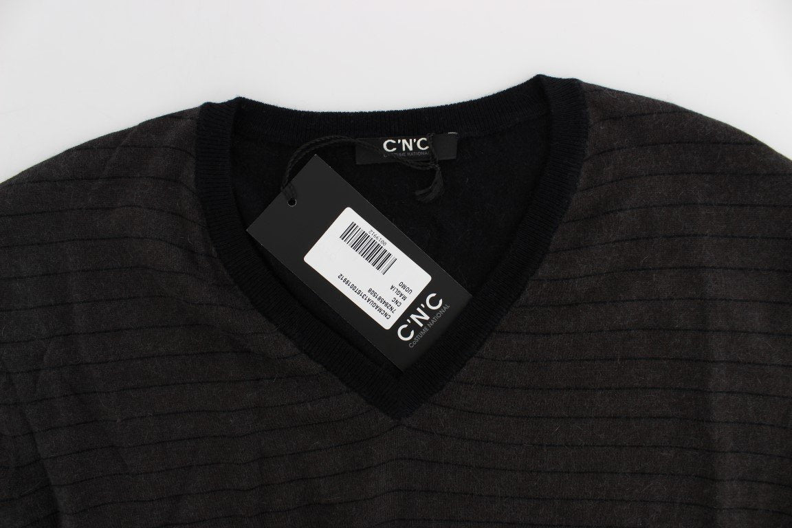 Gray Black Striped V-neck Sweater