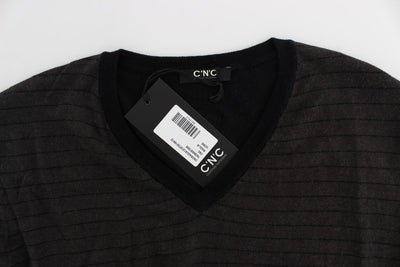 Gray Black Striped V-neck Sweater