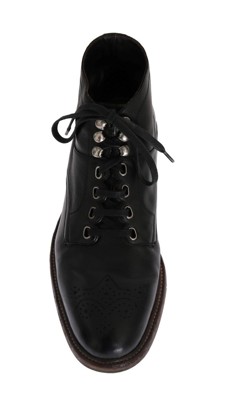 Black Leather Ankle Lace Up Boots