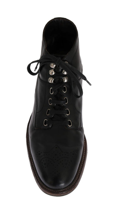 Black Leather Ankle Lace Up Boots