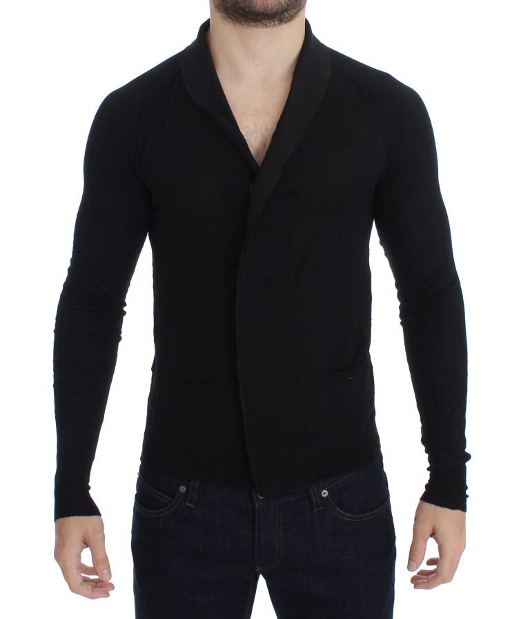 Black Fine Wool Button Cardigan